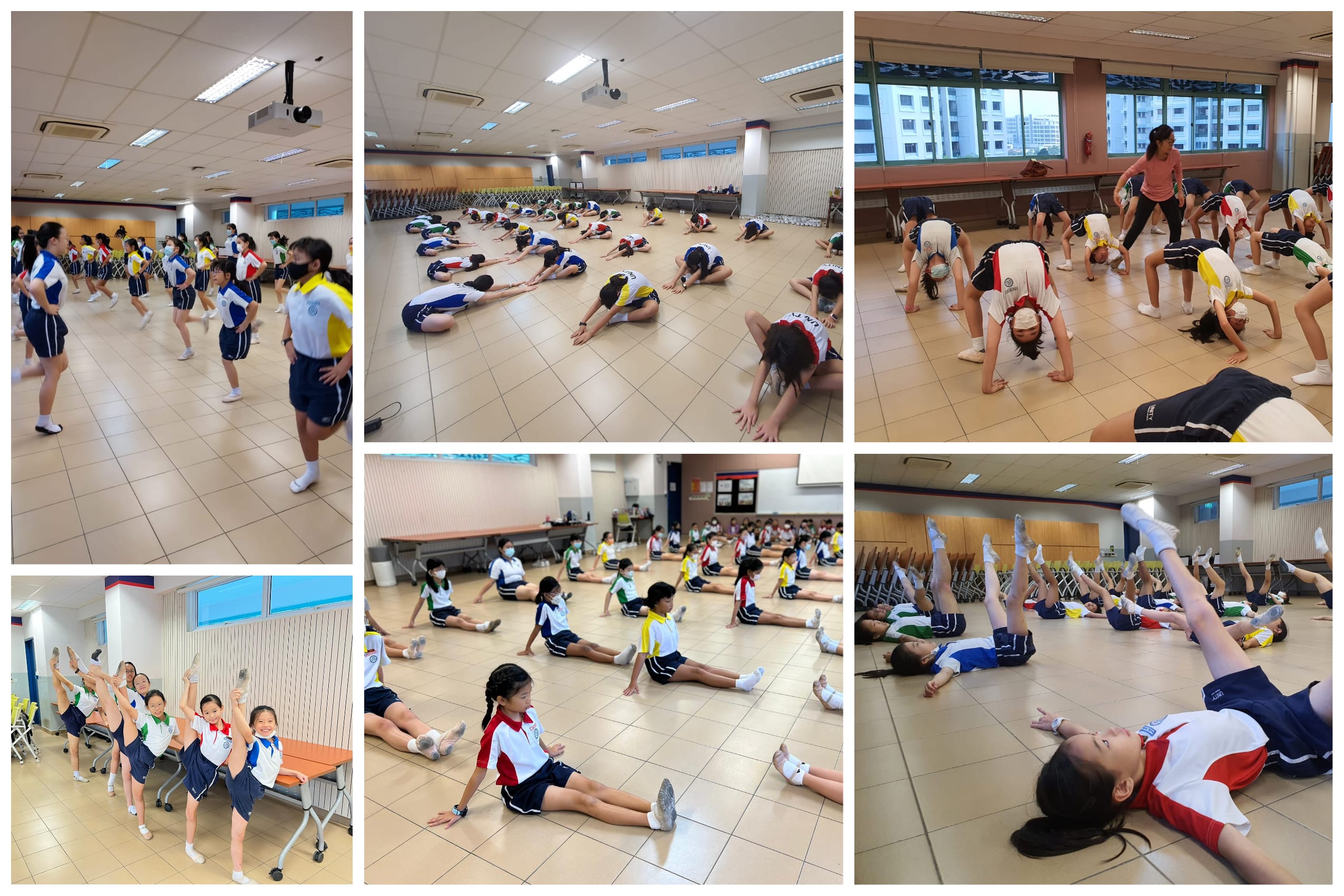 Six photos of school students in uniforms doing stretching and floor exercises in an indoor hall.